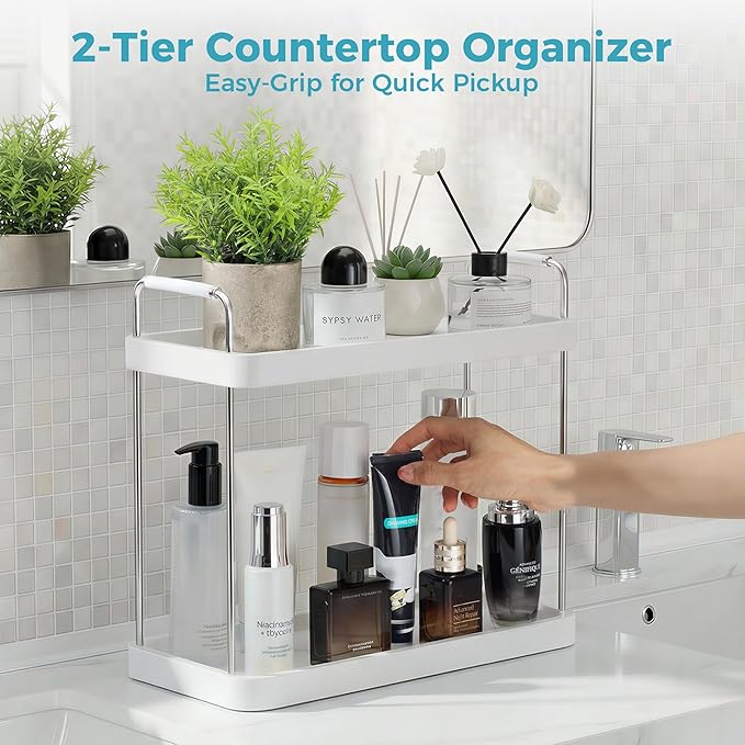 Vtopmart 2-Tier Bathroom Countertop Organizer, Vanity Dresser Counter Tray Shelf for Skincare, Perfume, Makeup, Silver