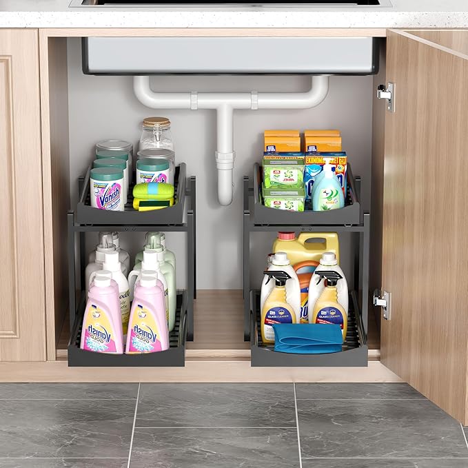 Bamboo Under Sink Organizer and Storage, 2 Pack Pull Out Cabinet Organization, 2 Tier Vertical Slide Out Undersink Storage Sh
