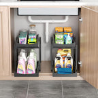Bamboo Under Sink Organizer and Storage, 2 Pack Pull Out Cabinet Organization, 2 Tier Vertical Slide Out Undersink Storage Sh