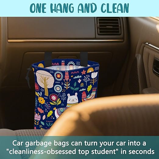 Car Garbage Bag Colorful Llama Flowers and Birds Hanging Canvas Car Trash Bag Waterproof Drawstring Car Back Seat Organizer for Car Back Front Seat Console with Adjustable Buckle