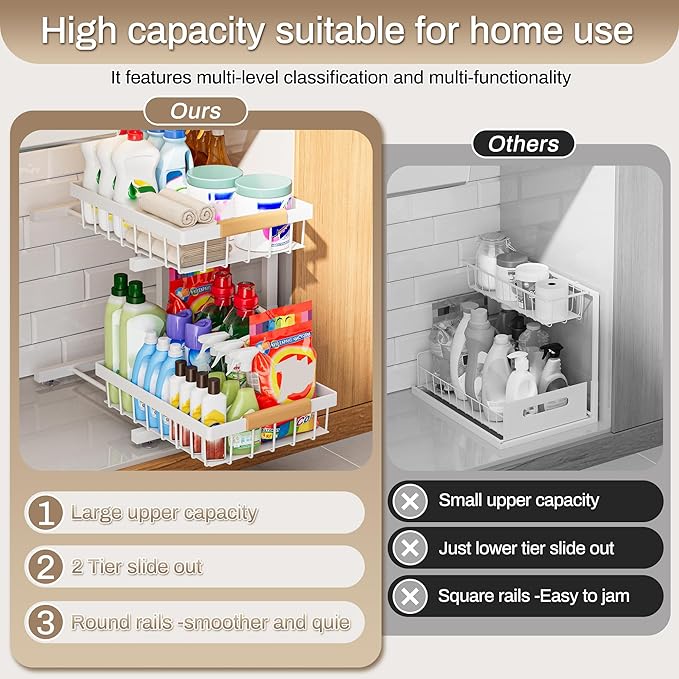 ADBIU Under Sink Organizer 2 Pack, Adjustable Height (11"-15.75") Under Cabinet Storage, 2 Tier Pull Out Sliding Drawers for 