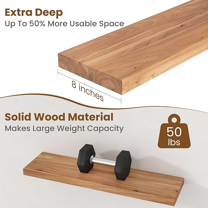 Floating Shelves for Wall Decor, 8" Deep Rustic Solid Elm Wood Floating Shelves Wall Mounted, Wall Shelves with Invisible Bra