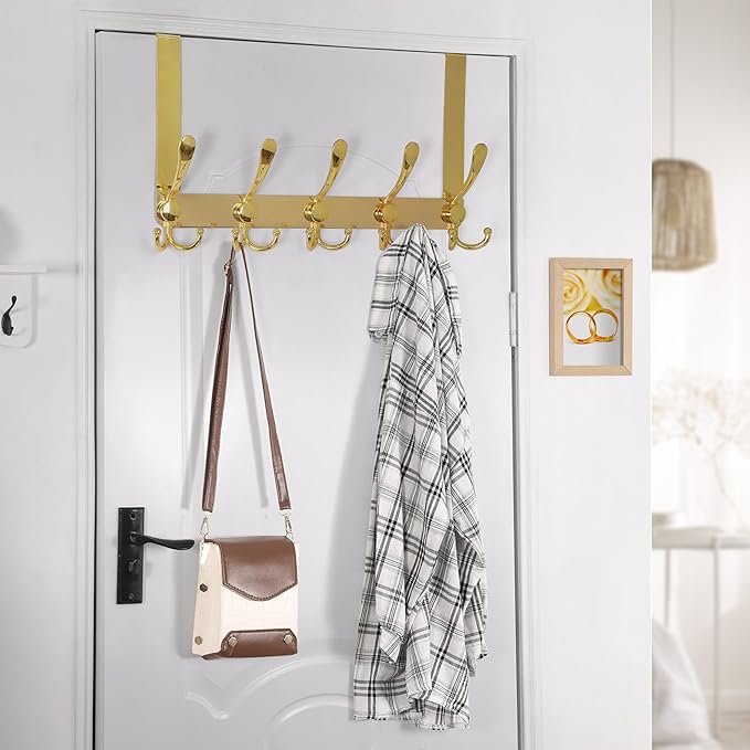 Dseap Over The Door Hook Hanger - Fits 1 3/8" to 1 3/4" Standard Doors | 5 Tri Hooks Heavy Duty Towel/Coat Rack | Door Organi