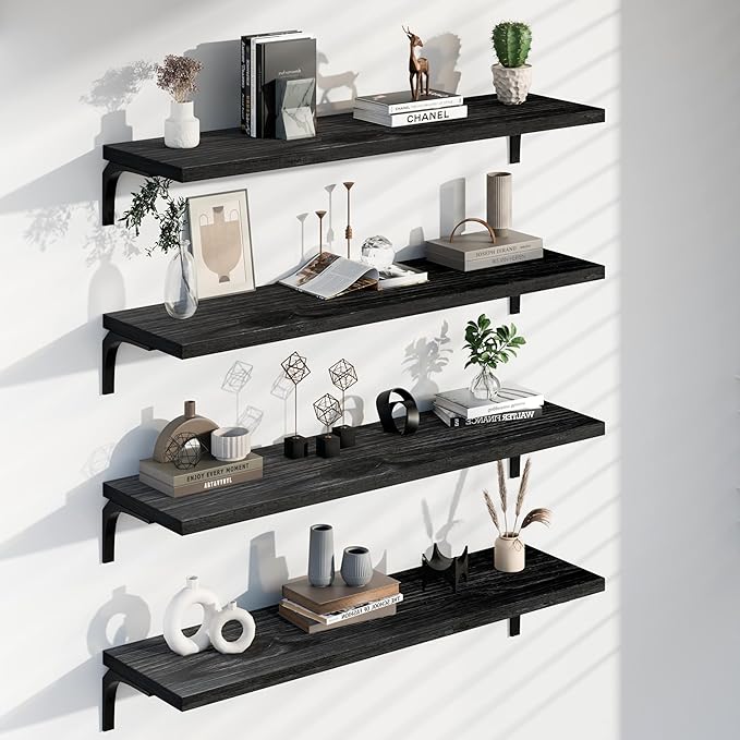 12 Inch Deep Floating Shelves Set of 4, 48 Inch Wide Black Solid Wood Wall Shelves, 4ft Heavy Duty Farmhouse Wall Mounted She