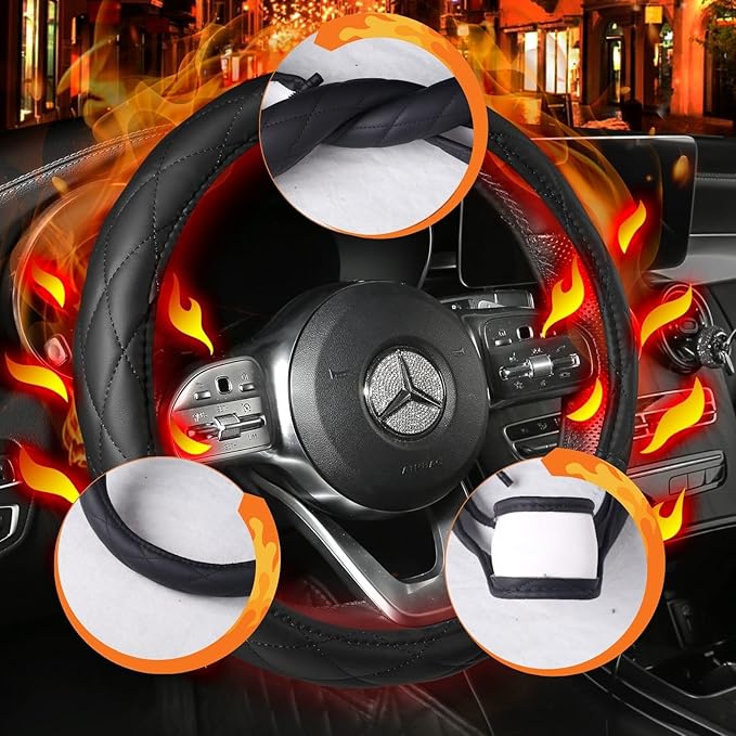 Heated Steering Wheel Cover - WARMITORY Luxury Steering Wheel Heater, 12V Quick Hand Warmer, 14.5-15 inches (Leatheret PU) (Jade Black)