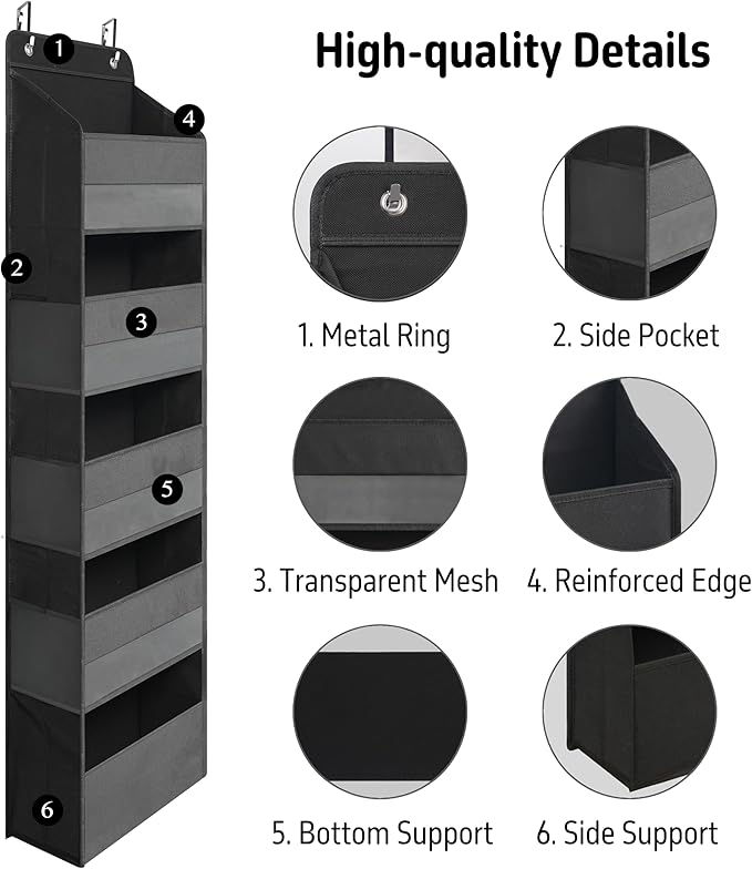 TYMENSH Over Door Organizer with 5 Large Pockets, Heavy Duty Hanging Organizer Storage, Closet Bathroom Nursery Bedroom Dorm,