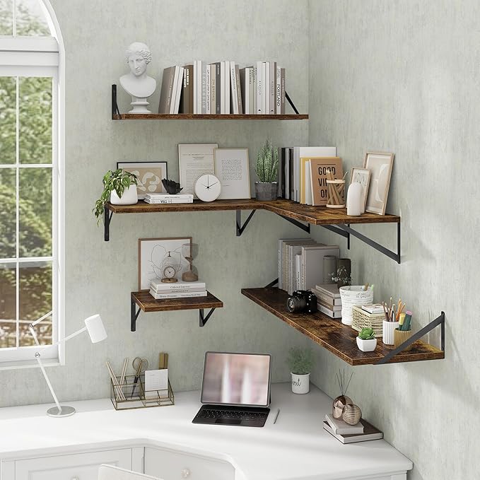 Deep Floating Shelves Wall Mounted, 36"x12" Brown Wood Shelves with Brackets Set of 2 for Bedroom, Living Room, Bathroom, Kit