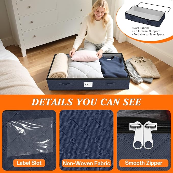 SpaceWhisper 90L Under Bed Storage Containers, 6-Pack Storage Bins with Clear Top, Foldable Closet Organizers and Storage wit