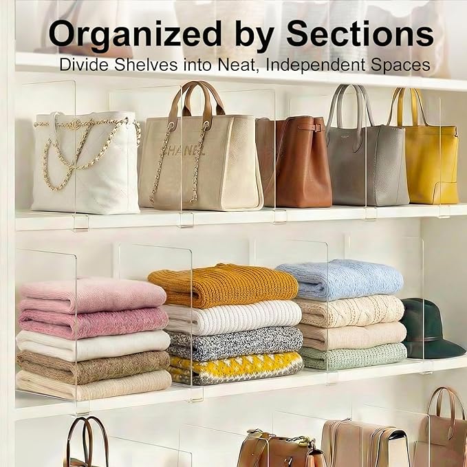 Purse Organizer for Closet Shelf Dividers: 11-inch Tall(Higher Version) Adjustable Clear Acrylic Bag Storage Organizer for Ha