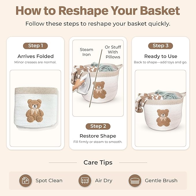 Teddy Bear Storage Basket for Nursery – Large 15"x11" Cotton Rope Bin with Soft Embroidered Bear Patch – Gender Neutral Toy O