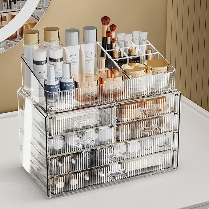 ZHIAI Stackable Storage Drawers, Acrylic Bathroom Counter Organizer Clear Makeup Organizers for Vanity, Kitchen Cabinets, Bat