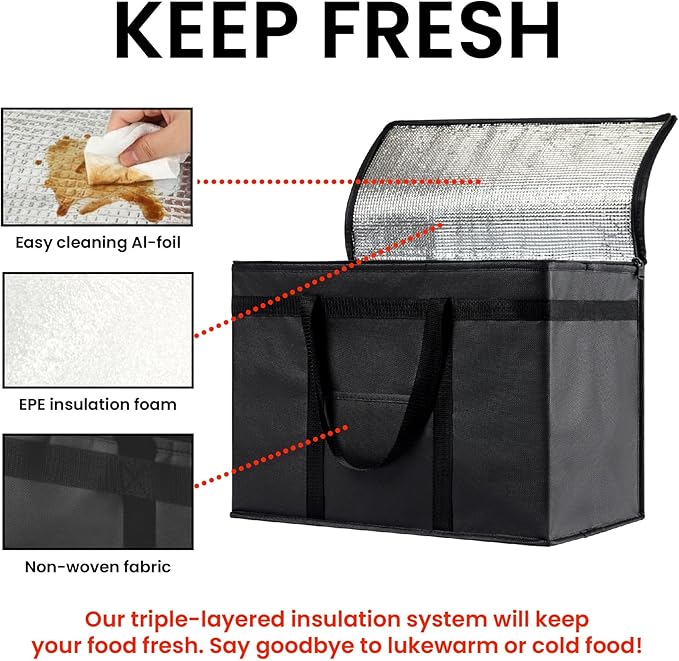 NZ home Insulated Bags for Food Delivery (XL Plus) Grocery Shopping Cooler Bag, Pizza Delivery, Hot & Cold Catering Tote, Reusable, Foldable & Heavy Duty (10 Pack, Black)