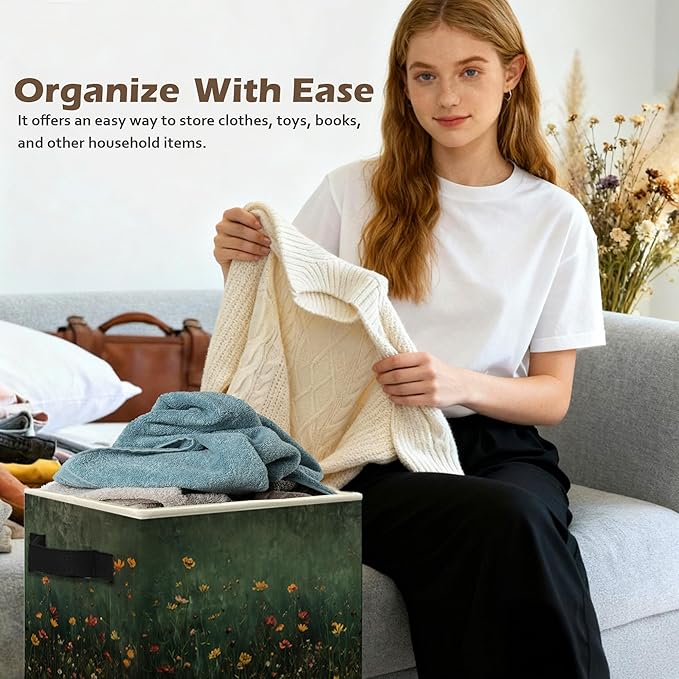 Dark Green Wildflower Storage Box Bins, Dark Cottagecore Floral Botanical Collapsible Storage Basket Organizer for Bedroom La