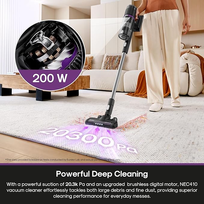 EurekaCordless Vacuum - 50 Min Runtime for Large Homes, 5.5 lbs Lightweight, Ideal for Pet Hair & Allergies on Hardwood & Car