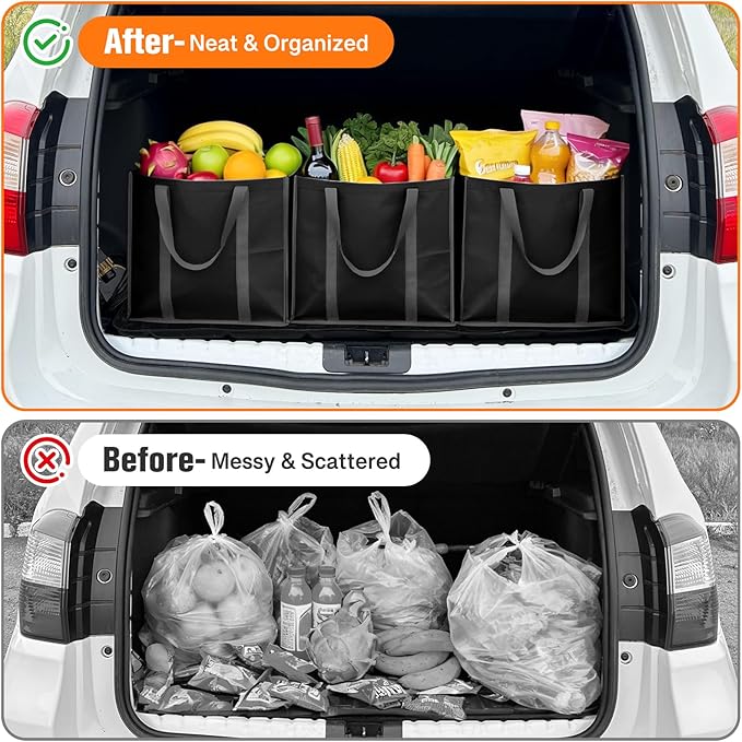 WISELIFE Reusable Grocery Bags with Handles - 3 Pack, 35L Large Shopping Bags for Groceries, Water-Resistant & Foldable Grocery Totes for Lasting Use for Kitchen, Market, Car Trunk, Picnic (Black)