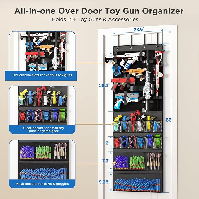 Mefirt Over The Door Organizer for Toy Guns, Toys Storage Door Hanger with Pockets and Slots for Kids Foam Blasters, Darts, G