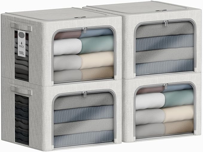4 Pack Clothes Storage Bins with Metal Frame - 100L Stackable Storage Box with Lid，Foldable Storage Container Organizer for C