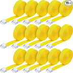Riakrum 15 Pack 16 Feet Lashing Straps Adjustable Kayaks Tie Down Cam Buckle Straps with Buckles up to 250lbs for Cargo, Luggage, Motorcycles, Truck, Car Roof Rack, Sup Surfboard(Yellow)