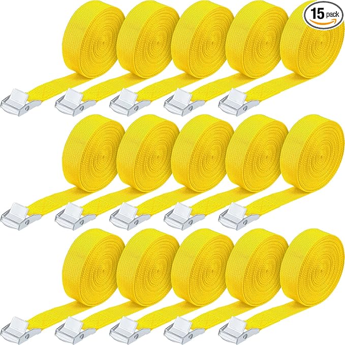 Riakrum 15 Pack 16 Feet Lashing Straps Adjustable Kayaks Tie Down Cam Buckle Straps with Buckles up to 250lbs for Cargo, Luggage, Motorcycles, Truck, Car Roof Rack, Sup Surfboard(Yellow)