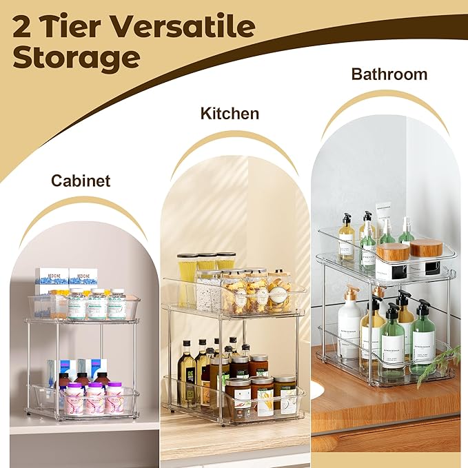 incostar 2 Tier Pull-Out Organizer for Bathroom Kitchen, Under Sink Storage with Dividers, Ideal for Cabinet, Cupboard Organi