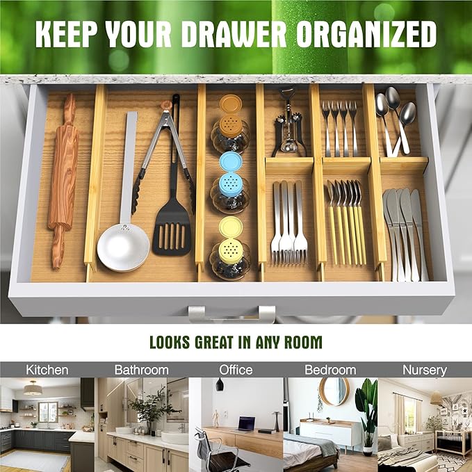 ANTOWIN Bamboo Drawer Dividers Organizers, Drawer Separators Splitter,17-22 inches Long Adjustable Spring-loaded Organizer fo