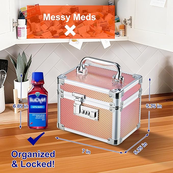 Adazzo Lockable Storage Box - Shiny Gold Medicine Med Lock Box, 7 * 5.25 * 5.75 Inches Safe Case with Combination Lock for Ho