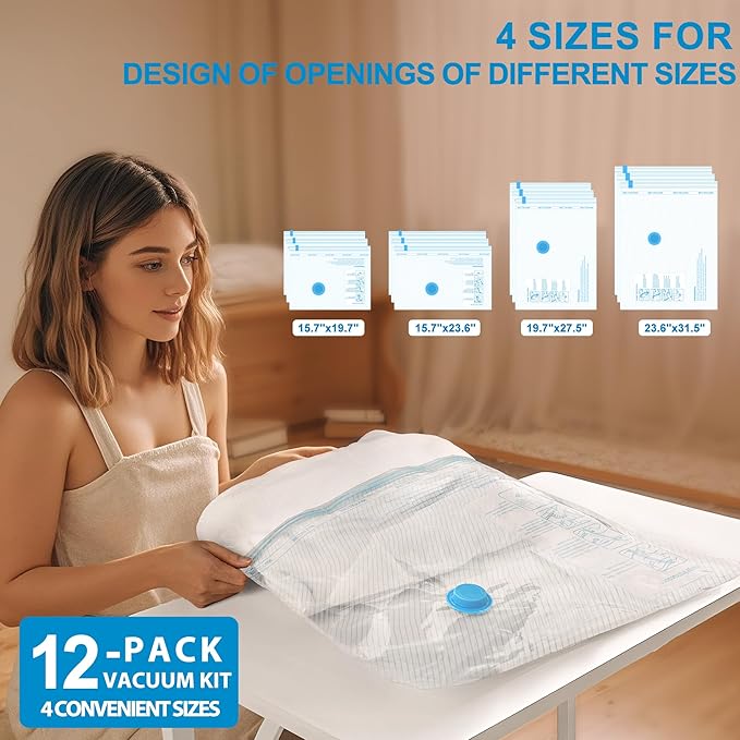 Vacuum Seal Bags for Clothing Travel, 12 Pack Vacuum Storage Bags for Clothes with Portable Electric Pump, Space Saver Bags f