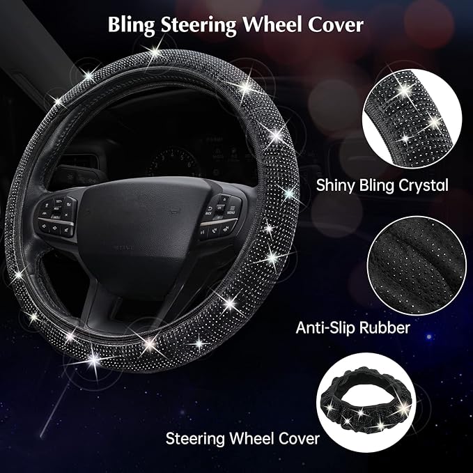 ARTILAURA 11 PCS Bling Car Accessories Set for Women Steering Wheel Covers Butterfly Hanging Seat Belt Cover Air Vent Clips Coasters Cute Glitter Diamond AUTO Accessories Kit (Black)