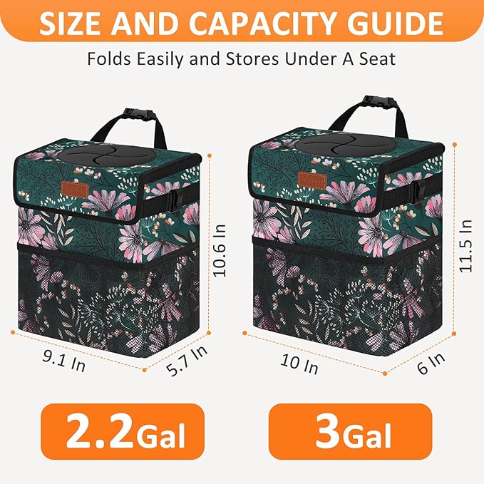 Car Trash Can for Car Cute, Bag Bin Hanging Waterproof Automotive Garbage Cans Leak Proof Vehicle Trash Can Navy Floral