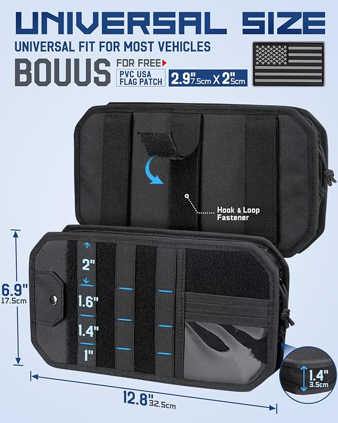 Molle Car Sun Visor Organizer with Zipper Storage Pouch & Glasses Clip, Auto Semi-Rigid MOLLE Panel for Police Gear & Overlanding Accessories, Fit Most Cars, SUVs, Vans & Trucks