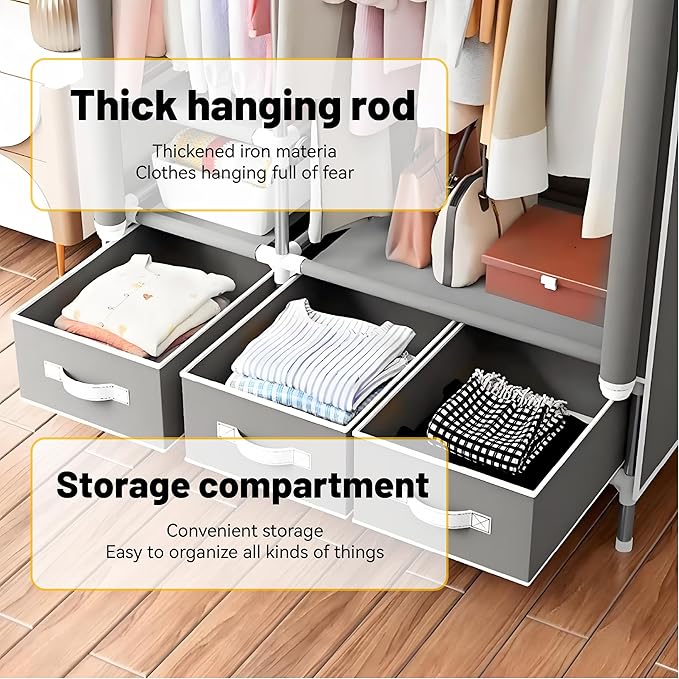 Portable Wardrobe Closet with Shelves & Drawers - Light Grey Oxford Fabric Clothes Organizer for Bedroom, Dorm Room - Waterpr
