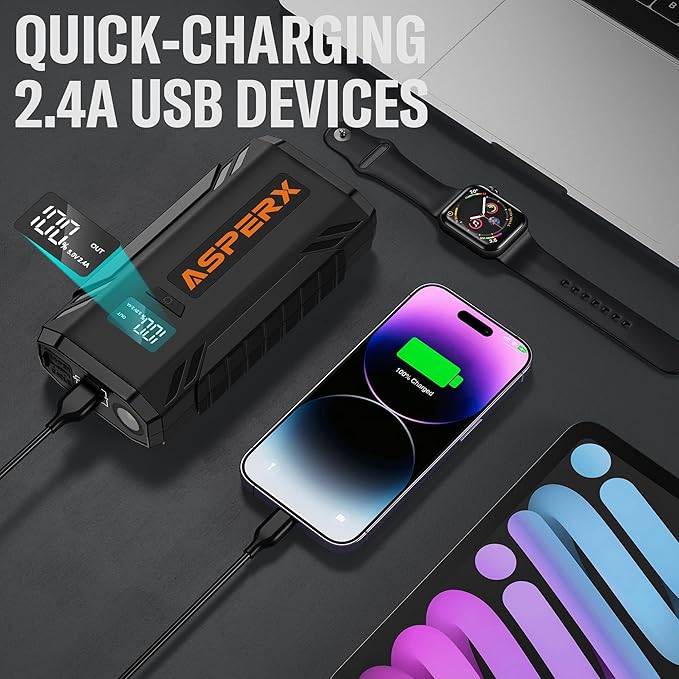 ASPERX Car Jump Starter, 2000A Peak Battery Jump Starter for Up to 7.0L Gas or 5.5L Diesel Engine, 12V Portable Battery