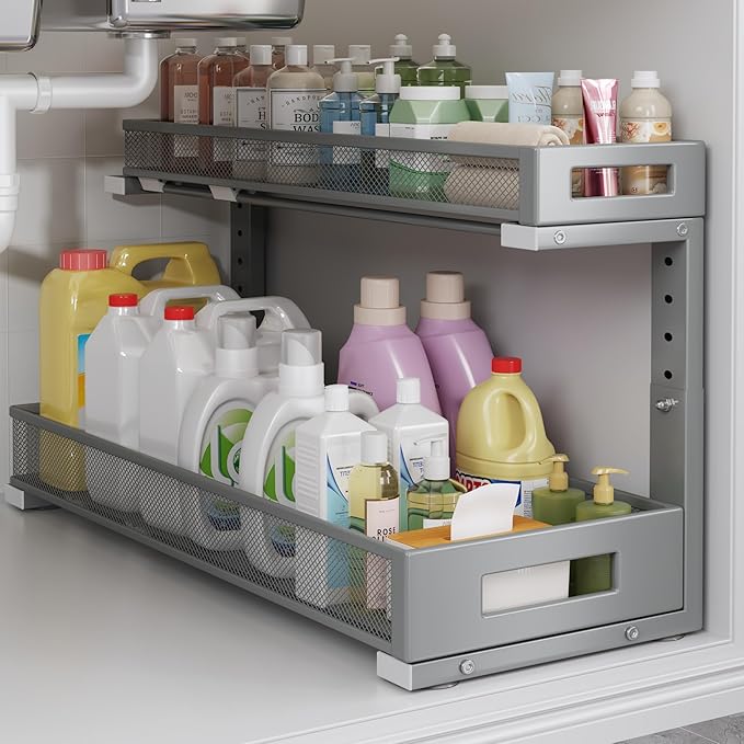 1 Pack 20.47IN Depth Under Sink Storage Organizer, Large 2-Tier Elegant Mesh Pull Out Shelf for Kitchen and Bathroom Cabinet 