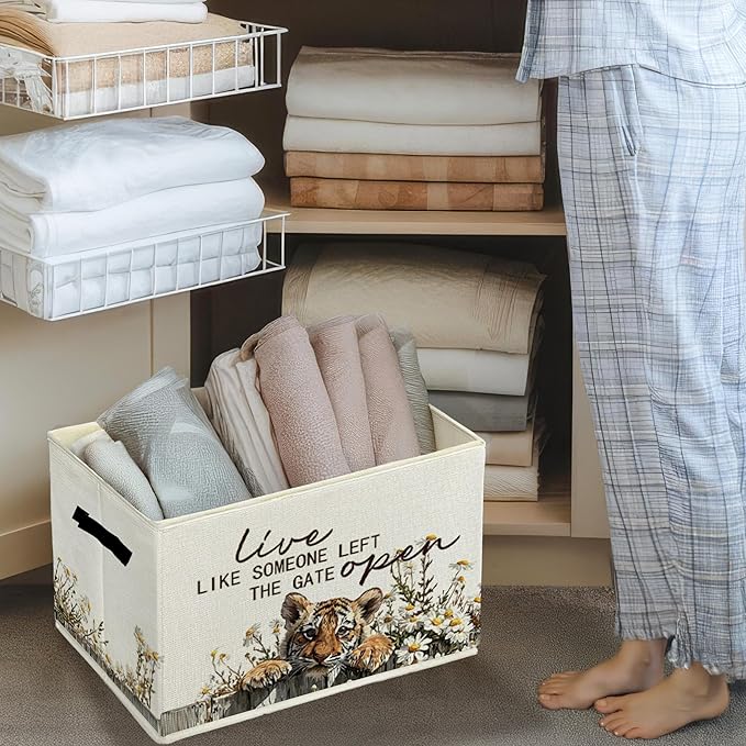 Rustic Tiger Storage Bins & Boxes with Handles, Farmhouse Tiger Foldable Basket for Organizing, Live Like Someone Left the Ga