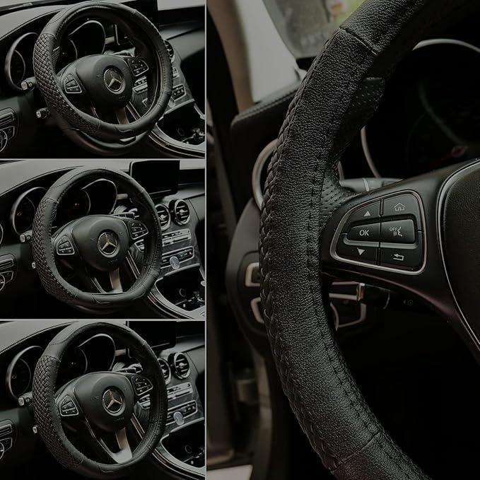 Moyishi Top Leather Steering Wheel Cover Universal Fit Soft Breathable Steering Wheel Wrap (Black)