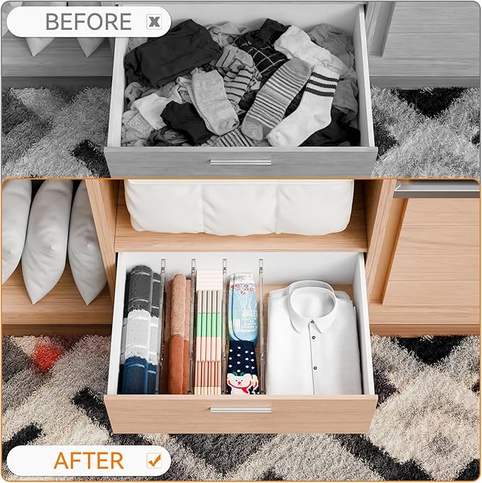 Yieach 12 Pack Clear Acrylic Drawer Divider 6 Inch High,Expandable from 14-20'',Adjustable Dresser Drawer Dividers for Baby C