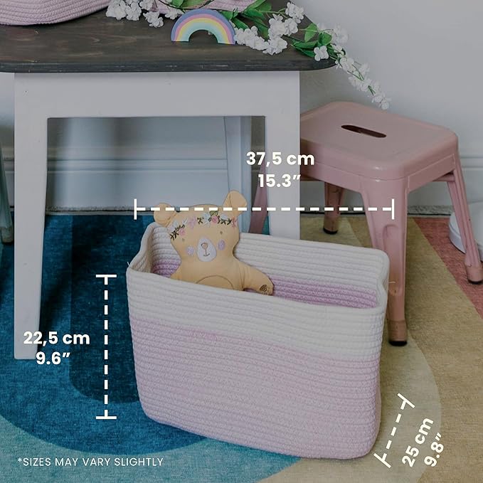 OrganiHaus Cotton Rope Basket for Shelf - Woven Storage Basket for Organizing, Closet & Toy Storage - Pink/Off-White - 15x9x1