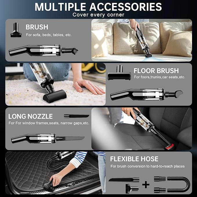 Handheld Vacuum Cordless, 16000Pa Powerful Suction, Lightweight at 1.3 lbs, Type-C Charge, Multiple Accessories, Rechargeable