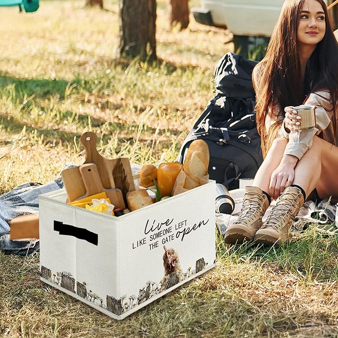 Rustic Chicken Storage Bins & Boxes with Handles, Farmhouse Chicken Foldable Basket for Organizing, Live Like Someone Left th
