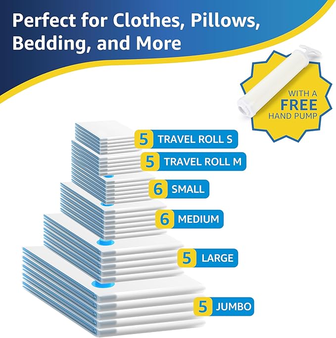Simple Deluxe 32 Pack Vacuum Storage Bags (5 Jumbo/5 Large/6 Medium/6 Small/5 Roll M/5 Roll S) Space Saver Bags, Vacuum Seal 