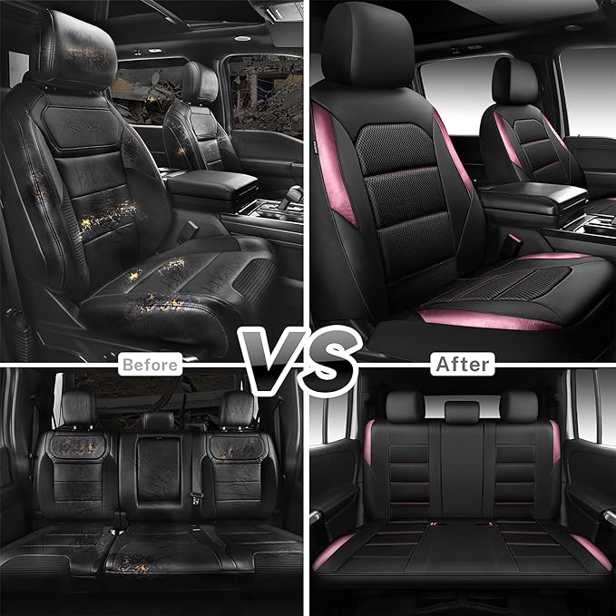 CAR PASS Memory 3D Foam Car Seat Covers Full Set, Breathable Mesh Thick Seat Covers for Car, Pink Metal Film Leather Seat Cov