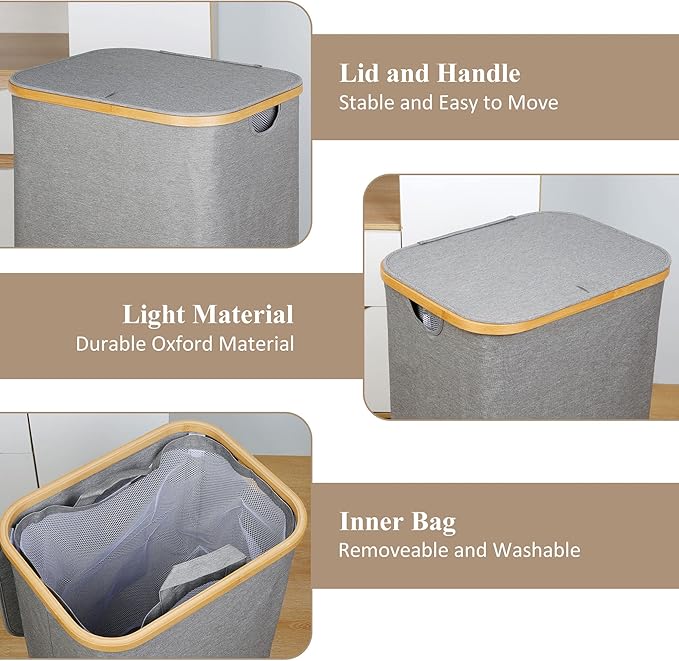 iEGrow Laundry Hamper with Lid, 110L Large Laundry Hamper with Handle and Lid, Collapsible Clothes Basket Organizer with Remo