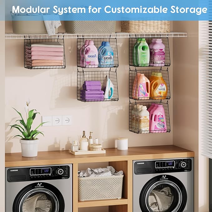 3-Pack Extra-Tall 13.6'' Hanging Laundry Basket Organizer, Foldable Wire Shelf with 360° Rotating Hooks & Reinforced Height -