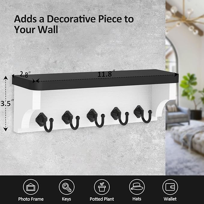 Nekon Key Holder for Wall, 11.8" W x 3.5" H x 2.8" D Decorative Key Organizer with Floating Shelf, Wall Mount Key Rack with 5