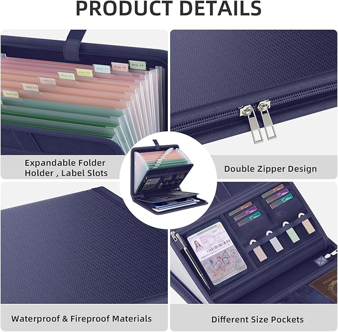 Fireproof Accordion File Organizer, Portable Expanding File Folder with Waterproof Zipper&Labels, Blue Document Organizer wit