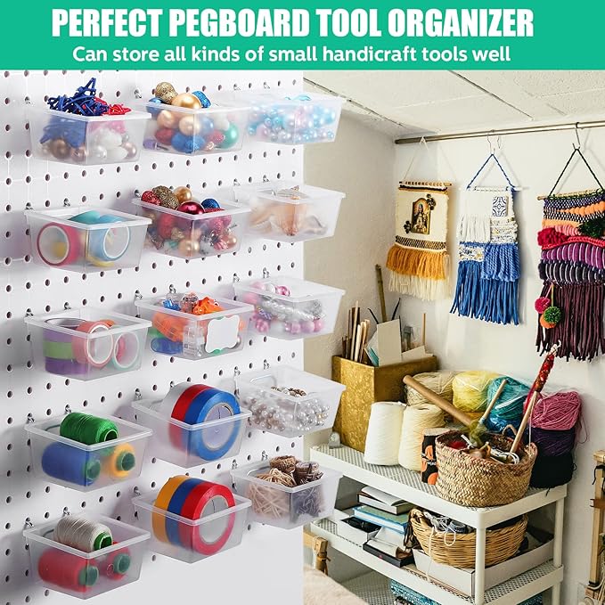 Unittype 16 Set Clear Peg Board Baskets and Bins Pegboard Baskets Organizer Accessories Peg Board Bins with Hooks Sticker Lab