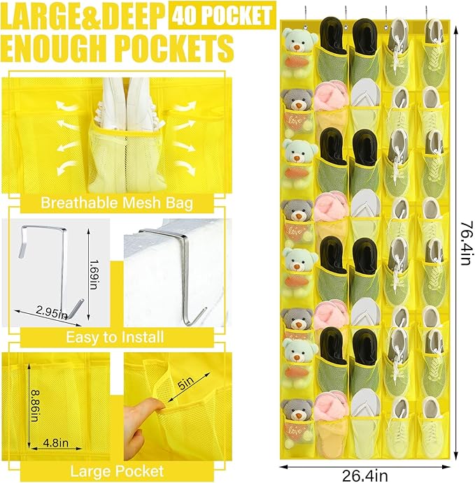 Windyun 40 Over the Door Shoe Organizer Large Mesh Pocket Hanging Shoe Rack for Closet Yellow Nonslip Behind Door Storage Hol