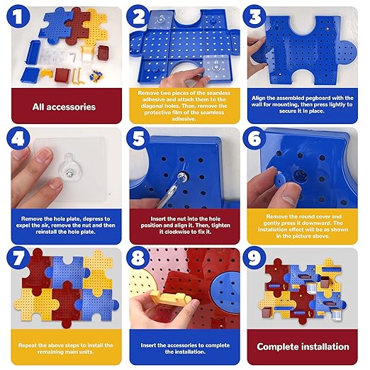 PTSGCAI 6-Pack Plastic Pegboard Panels Durable Modular Organizer Boards with 24pcs Combination Kit for Wall Storage, Garage, 