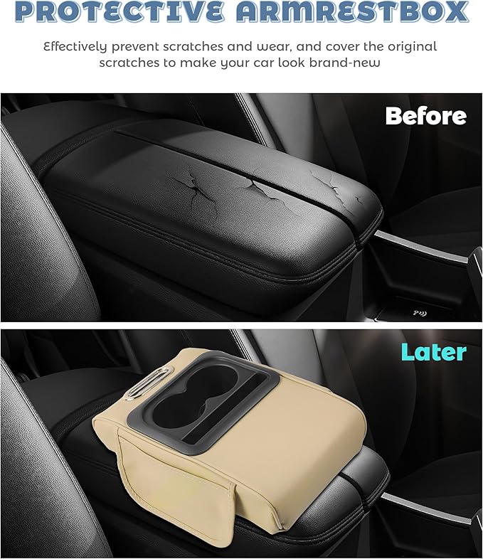 Car Armrest Storage Box,Car Accessories Console Organizers and Storage,Universal Waterproof Leather Console Cover with Cup Holder and Phone Holder,Suitable for Most Cars (Normal, Beige)