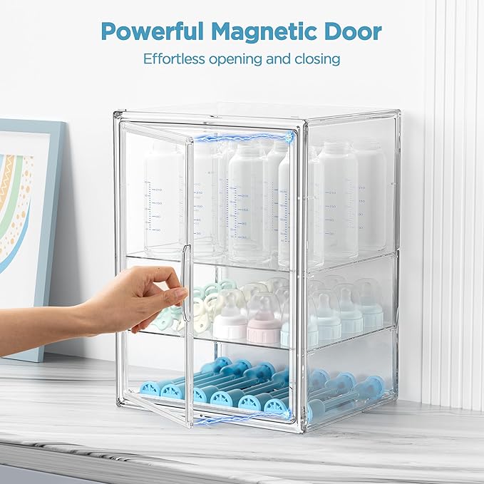 HBlife Baby Bottle Storage Organizer for Countertop Cabinet, 3 Tiers Adjustable Clear Acrylic Bottles Storage Station Case Bo